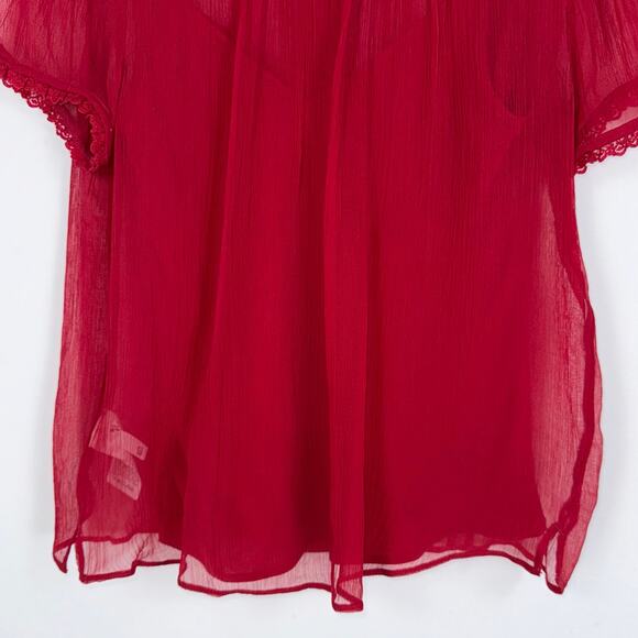 J Crew Women's Sheer Lace Trim Button Up Shirt Size 0 Red Short Sleeve - Picture 11 of 16